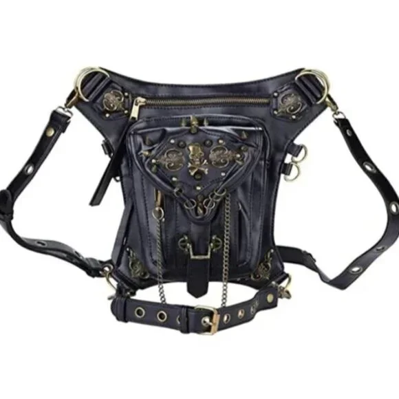 BLACK Leather Skull Waist Bag Fanny Pack Gothic Shoulder Bag Biker Rocker NWT - Picture 5 of 7